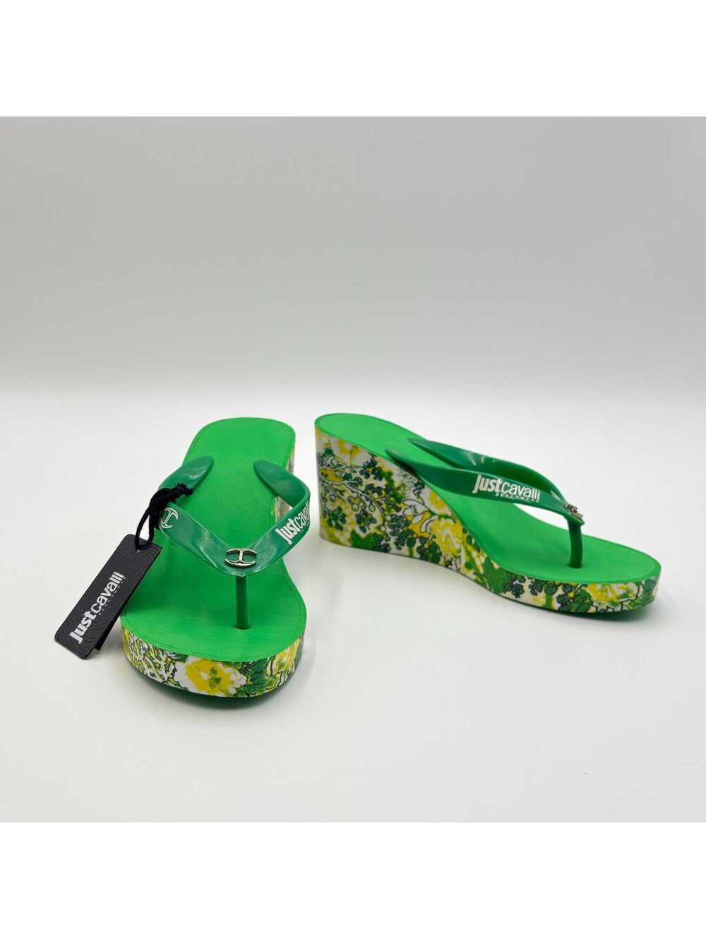 Just Cavalli Green Floral Wedge Flip Flop Sandals 37 - Picture 3 of 6